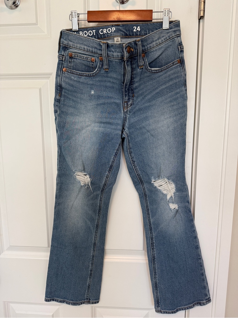 J. Crew Distressed Medium Blue Boot Crop Jeans